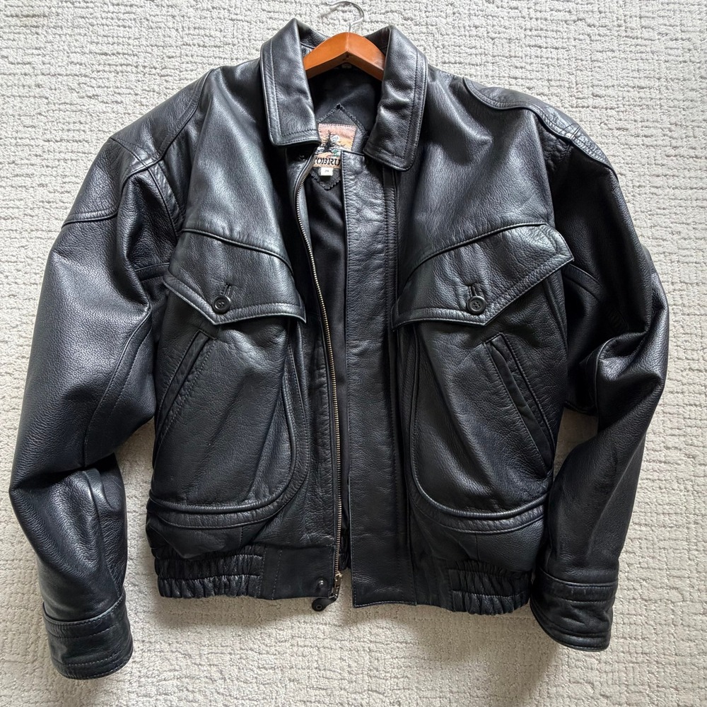 Tobruk Black Genuine Leather Bomber Jacket Vintage Style Mens Size M Heavy - Picture 10 of 14